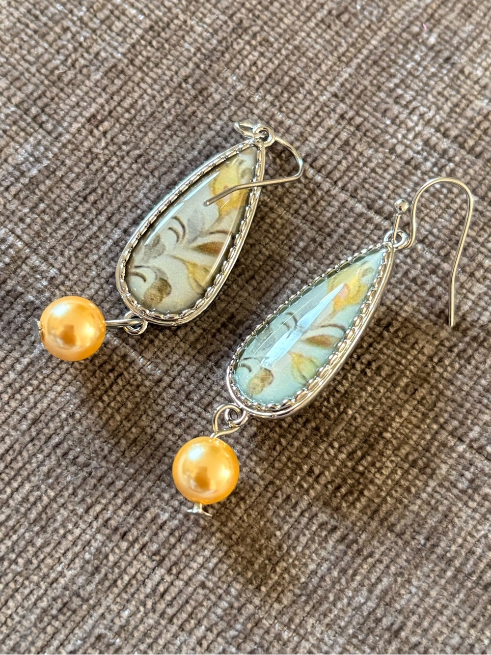 Vintage Teardrop Aqua Floral Earrings with Gold Pearl Drop
